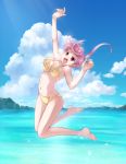  1girl :d arm_up bangs barefoot bikini blue_sky breasts cleavage cloud cloudy_sky commentary_request frilled_bikini frills highres ikeda_jun_(mizutamari) jumping legs_up looking_at_viewer medium_breasts medium_hair navel ocean open_mouth original partial_commentary pink_hair red_eyes shore skindentation sky smile solo sparkle swimsuit yellow_bikini 