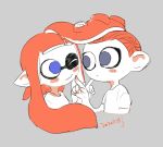  1boy 1girl banonefans blue_eyes blush_stickers cheek_poking closed_mouth commentary dated domino_mask grey_background grey_eyes inkling limited_palette long_hair looking_at_another mask octoling one_eye_closed orange_hair pale_skin pointy_ears poking shirt short_sleeves simple_background splatoon_(series) splatoon_2 symbol_commentary symmetry t-shirt tentacle_hair white_shirt 