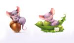  acorn ambiguous_gender brown_eyes feral food fruit fur grey_body grey_fur mammal mouse murid murine nut_(fruit) pea_(food) plant rodent simple_background vegetable white_background yana_cot 