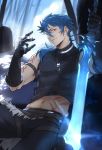  1boy abs alternate_costume alternate_weapon blue_hair bodypaint choker closed_mouth crescent_necklace cu_chulainn_(fate)_(all) cu_chulainn_(fate/prototype) earrings fate/prototype fate_(series) gloves glowing highres holding holding_weapon hoop_earrings jewelry male_focus navel outdoors pants ponytail red_eyes ribbed_shirt runes shiny shirt sleeveless sleeveless_shirt smile solkorra solo spiked_hair stone sword tree type-moon weapon 