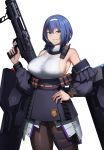  1girl blue_eyes blue_hair breasts cero_(last2stage) cowboy_shot detached_sleeves dp-12_(girls_frontline) girls_frontline gun hairband high-waist_skirt highres holding holding_gun holding_weapon large_breasts shirt short_hair shotgun skirt sleeveless sleeveless_shirt solo standard_manufacturing_dp-12 standing turtleneck weapon white_hairband white_shirt 