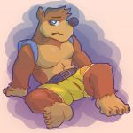  4_toes anthro arm_support backpack banjo-kazooie banjo_(banjo-kazooie) belt blue_eyes bottomwear brown_body brown_fur bulge clothed clothing fanofthefurr fur male mammal pecs rareware shorts solo toes topless ursid video_games yellow_bottomwear yellow_clothing 