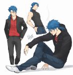  1boy alternate_costume angry bare_shoulders blue_hair closed_eyes collared_shirt crescent_necklace cu_chulainn_(fate)_(all) cu_chulainn_(fate/prototype) dated denim dress_shirt earrings fate/prototype fate_(series) from_side grin hand_in_pocket hood hood_down hoodie hoop_earrings jacket jeans jewelry long_hair male_focus multiple_views muscle necklace pants ponytail red_eyes shirt signature sitting sleeveless sleeveless_shirt smile smoke smoking solkorra spiked_hair standing tied_hair type-moon 