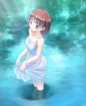  1girl bangs blue_eyes brown_hair closed_mouth commentary_request day dress dress_lift eyebrows_visible_through_hair highres ikeda_jun_(mizutamari) lifted_by_self looking_at_viewer original outdoors redrawn reflection shadow short_dress short_hair smile solo spaghetti_strap standing sundress wading water 
