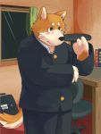  2012 anthro black_nose blush bottomwear brown_body brown_fur canid canine canis clothing detailed_background domestic_dog fur humanoid_hands inside kemono kotori male mammal pants shirt solo topwear 