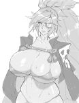  1girl alternate_breast_size amputee baiken big_hair bikini blush breasts cleavage commentary english_commentary eu03 gigantic_breasts greyscale guilty_gear guilty_gear_xrd highres japanese_clothes kataginu lips long_hair micro_bikini monochrome nose_blush one-eyed ponytail scar scar_across_eye sketch skindentation skull_print solo spaghetti_strap sweat swimsuit underboob very_long_hair 