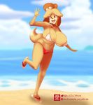  absurd_res ai_od animal_crossing anthro beach big_breasts bikini breasts canid canine canis clothing dipstick_tail domestic_dog female footwear fur hi_res isabelle_(animal_crossing) mammal multicolored_tail nintendo open_mouth sandals seaside shih_tzu smile solo swimwear toy_dog video_games yellow_body yellow_fur 