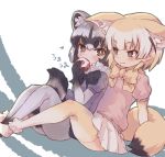  2girls animal_ears black_neckwear blonde_hair blue_swimsuit bow bowtie commentary_request common_raccoon_(kemono_friends) ears_down elbow_gloves fennec_(kemono_friends) fox_ears fox_girl fox_tail fur_collar gloves grey_hair grey_legwear highres kemono_friends kolshica multicolored_hair multiple_girls pantyhose pleated_skirt puffy_short_sleeves puffy_sleeves raccoon_ears raccoon_girl raccoon_tail short_hair short_sleeves sitting skirt sweater swimsuit tail thighhighs white_fur white_hair white_skirt yellow_legwear yellow_neckwear yellow_sweater zettai_ryouiki 