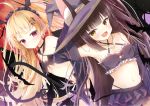  2girls :d adjusting_clothes adjusting_headwear ahoge alternate_costume animal_ears armpits azur_lane bare_shoulders bat bat_wings black_hair blonde_hair choker collarbone commentary_request demon_tail detached_sleeves eldridge_(azur_lane) facial_mark flat_chest fox_ears frilled_skirt frills hair_ornament hairband halloween halloween_costume hat highres jack-o&#039;-lantern jack-o&#039;-lantern_hair_ornament jewelry long_hair looking_at_viewer madotsukumo midriff multiple_girls nagato_(azur_lane) navel necklace open_mouth peeking_out pleated_skirt red_eyes skirt smile tail twintails wings witch_hat yellow_eyes 