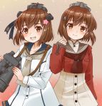  2girls anchor_symbol binoculars black_sailor_collar brown_eyes brown_hair brown_neckwear cherry_blossoms cocoperino commentary_request cowboy_shot dress dual_persona flower gradient gradient_background grey_neckwear grey_sailor_collar hair_flower hair_ornament hairclip headgear headset kantai_collection looking_at_viewer multiple_girls neckerchief red_shirt remodel_(kantai_collection) sailor_collar sailor_dress sailor_shirt shirt short_hair speaking_tube_headset tan_yang_(kantai_collection) white_dress yukikaze_(kantai_collection) 