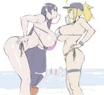  2girls ahoge artoria_pendragon_(all) asphyxiation baseball_cap beach bikini blonde_hair blowing_whistle blue_headwear breasts drowning eu03 fate/grand_order fate_(series) hand_on_hip hat height_difference huge_breasts large_breasts long_hair looking_at_another medium_hair minamoto_no_raikou_(fate/grand_order) minamoto_no_raikou_(swimsuit_lancer)_(fate) multiple_girls mysterious_heroine_xx_(foreigner) ponytail purple_bikini purple_hair shiny shiny_hair swimsuit thigh_strap very_long_hair water whistle white_background white_bikini 