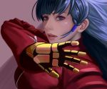  1girl absurdres bangs blue_hair booger_wang breasts close-up gloves hair_ornament highres kula_diamond looking_at_viewer medium_breasts purple_eyes simple_background the_king_of_fighters turtleneck zipper 