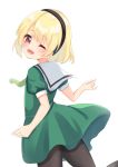  1girl ;d bangs black_hairband black_legwear blonde_hair blush commentary_request dress eyebrows_visible_through_hair fang green_dress green_neckwear hair_between_eyes hairband highres higurashi_no_naku_koro_ni houjou_satoko looking_at_viewer looking_to_the_side necktie one_eye_closed open_mouth pantyhose puffy_short_sleeves puffy_sleeves red_eyes sailor_collar sailor_dress short_sleeves simple_background smile solo suzu_(minagi) white_background white_sailor_collar 