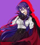  1girl :d bangs bat_hair_ornament black_cape black_gloves black_neckwear blood blood_stain breasts cape center_frills commentary_request cravat dated doki_doki_literature_club eyebrows_visible_through_hair fangs frilled_shirt_collar frills gloves hair_between_eyes hair_ornament hairclip halloween highres large_breasts long_hair long_sleeves looking_at_viewer nan_(gokurou) open_mouth pointy_ears purple_background purple_eyes purple_hair red_cape shirt simple_background skirt smile solo two-sided_cape two-sided_fabric vampire very_long_hair watermark white_shirt yuri_(doki_doki_literature_club) 
