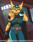  angela_cross anthro bedroom_eyes breasts cloak clothed clothing female fur gloves green_eyes hair handwear hi_res inner_ear_fluff lombax looking_at_viewer mammal narrowed_eyes ratchet_and_clank red_nose seductive solo sony_corporation sony_interactive_entertainment tuft video_games yawg yellow_body yellow_fur 