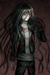  1boy black_hair chain collar cosplay danganronpa expressionless eyes_visible_through_hair gloves hair_between_eyes holding holding_chain jacket kamukura_izuru komaeda_nagito komaeda_nagito_(cosplay) komatsuzaki_rui_(style) long_hair long_sleeves looking_away male_focus messy_hair official_style open_clothes open_jacket oven_mitts red_background red_eyes shirt single_glove solo spoilers standing striped striped_shirt very_long_hair wamigakiko zettai_zetsubou_shoujo 