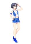  1girl :d arm_up bangs bare_legs bare_shoulders black_hair blue_eyes blue_footwear blue_shorts bon_(bonbon315) breasts collarbone collared_shirt commentary_request copyright_request full_body hair_ornament hairclip hand_on_hip hand_up highres looking_at_viewer midriff navel official_art open_mouth shirt short_hair short_shorts shorts simple_background sleeveless sleeveless_shirt small_breasts smile solo standing stomach suspenders white_background 