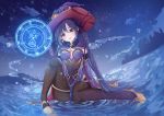  clouds genshin_impact green_eyes hat long_hair mona_(genshin_impact) purple_hair sky tagme_(artist) twintails water witch_hat 