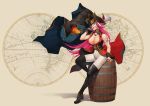  1girl barrel black_footwear blue_eyes boots breasts coat facial_scar fate/extra fate/grand_order fate_(series) francis_drake_(fate) full_body hat highres kyoshiki large_breasts long_hair pants pink_hair pirate_hat red_coat scar sleeveless_coat solo thigh_boots thighhighs very_long_hair white_pants world_map 