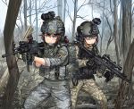  2girls aiming assault_rifle backpack bag bare_tree black_hair blue_eyes brown_eyes brown_hair camouflage commentary_request daewoo_k2 folded_ponytail forest gloves goggles goggles_on_headwear gun hair_between_eyes headset helmet holding holding_weapon knee_pads kws laser_sight load_bearing_vest military military_operator multiple_girls nature original patch plate_carrier rifle scope sling smoke south_korea south_korean_flag sunglasses tree trigger_discipline vertical_foregrip weapon weapon_request 