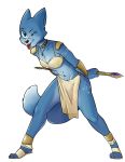  2018 absurd_res anthro blue_body blue_fur bra canid canine claws clothing dinosaur_planet eyelashes footwear fox fur gem hi_res jewelry krystal mammal markings navel nintendo one_eye_closed shoes staff standing star_fox stormthedragon toe_claws tongue tongue_out tuft underwear video_games white_body white_fur white_markings wink 