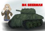  1girl absurdres blonde_hair breasts caterpillar_tracks commentary_request girls_und_panzer grey_background ground_vehicle highres huge_filesize jacket kay_(girls_und_panzer) m4_sherman military military_vehicle motor_vehicle saunders_military_uniform shirt short_hair shorts signature smile star_(symbol) tank yontouhei2019 