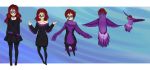  2015 avian beak beak_growth belt bird bottomwear clothing eyewear feathered_wings feathers female feral flying glasses growth hair human human_to_feral hummingbird luxianne mammal purple_body red_hair sequence simple_background skirt smile solo species_transformation standing transformation wing_growth wings 