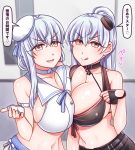 2girls alternate_hairstyle anchor_choker asymmetrical_docking belt black_belt breast_press breasts choker cleavage clone covered_nipples cowboy_shot dolphin eye_contact fate/grand_order fate_(series) fingerless_gloves gloves hat kama_(fate/grand_order) large_breasts long_hair looking_at_another looking_at_viewer midriff multiple_belts multiple_girls mystery_treasure navel open_mouth ponytail red_eyes sailor_hat silver_hair smile tilted_headwear white_choker yakisobapan_tarou_&amp;_negitoro-ko 