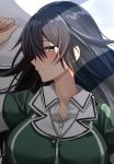  1girl bangs bed_sheet black_eyes black_hair chikuma_(kantai_collection) collared_shirt commentary_request green_jacket highres jacket kantai_collection katsuobushi_(eba_games) light_blush long_hair looking_at_viewer lying on_back profile shirt short_sleeves solo upper_body white_shirt 