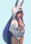  1girl blue_background bow_(bhp) breasts closed_mouth cowboy_shot dark_skin dark_skinned_female ears_through_headwear fate/grand_order fate_(series) grey_jacket hair_between_eyes hands_in_pockets hood hood_up jacket long_hair looking_at_viewer medium_breasts nitocris_(fate/grand_order) nitocris_(swimsuit_assassin)_(fate) open_clothes open_jacket panties purple_eyes purple_hair simple_background smile solo underwear very_long_hair white_panties 