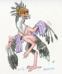  2016 accipitriform avian beak bird blonde_hair breasts feathers female green_eyes hair hi_res human icaron mammal mid_transformation nipples on_one_leg open_mouth scarf secretary_bird solo species_transformation standing traditional_media_(artwork) transformation 