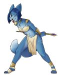  2018 absurd_res anthro blue_body blue_fur blue_hair bra canid canine claws clothing eyelashes footwear fox fur gem hair hi_res jewelry krystal mammal markings navel nintendo one_eye_closed shoes staff standing star_fox stormthedragon toe_claws tongue tongue_out tuft underwear video_games white_body white_fur white_markings wink 