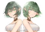  2girls 9_no_seicho_nikki :o absurdres bangs blue_eyes blunt_bangs breasts cleavage close-up commentary elf floating_hair gold_choker green_eyes green_hair grey_tubetop hair_between_eyes highres long_pointy_ears looking_at_another looking_back multiple_girls open_mouth original pointy_ears siblings smile strapless tubetop twins 