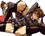  1girl ass bent_over black_legwear blue_eyes blue_neckwear breasts brown_hair commentary_request crotch_seam glasses grey_jacket grey_skirt gun_girl_(kamisimo_90) hair_ribbon jacket kamisimo_90 legs licking_lips long_hair looking_at_viewer medium_breasts original panties pleated_skirt presenting ribbon school_uniform shirt short_twintails sitting skirt smile spread_legs thighs tongue tongue_out twintails underwear white_shirt 