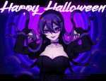  1girl bangs breasts collarbone commentary_request dated doki_doki_literature_club fangs hair_between_eyes hair_ornament hairclip halloween hands_up happy_halloween highres juliet_sleeves large_breasts letterboxed lipstick long_hair long_sleeves looking_at_viewer makeup nan_(gokurou) puffy_sleeves purple_eyes purple_hair purple_lipstick slit_pupils snake_hair solo upper_body watermark yuri_(doki_doki_literature_club) 