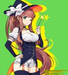  1girl ;) bangs bare_shoulders black_gloves blunt_bangs breasts bridal_gauntlets brown_hair choker commentary_request cowboy_shot dated doki_doki_literature_club earrings elbow_gloves eyebrows_visible_through_hair frilled_choker frills gloves green_background green_eyes halloween hand_on_hip hat highres jewelry large_breasts long_hair looking_at_viewer monika_(doki_doki_literature_club) nan_(gokurou) o-ring one_eye_closed ponytail short_shorts short_sleeves shorts simple_background smile solo thighhighs very_long_hair wand watermark witch_hat 