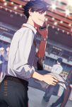  1girl 1other 3boys bangs belt black_eyes black_hair black_pants collared_shirt cowboy_shot dated dress_shirt formal grin haikyuu!! hand_up highres holding holding_paper holding_phone id_card indoors kuroo_tetsurou lanyard looking_at_viewer male_focus multiple_boys pants paper papers phone profile shirt short_hair sleeves_rolled_up smile solo_focus track_suit vgmt watch white_shirt wristwatch 