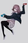  1girl arm_up bangs black_jacket black_legwear black_shirt blush breasts brown_hair commentary_request danganronpa flipped_hair floating_hair from_side hair_ornament hand_up highres holding hood hooded_jacket jacket joy-con knees_up long_sleeves medium_hair nanami_chiaki neck_ribbon pink_eyes pink_footwear pink_ribbon pleated_skirt ribbon shirt shoes short_hair skirt sleeves_past_wrists solo spsip super_danganronpa_2 thighhighs white_shirt 