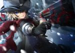  1boy aiming billy_the_kid_(fate/grand_order) black_gloves black_headwear blonde_hair coat cowboy cowboy_hat fate/grand_order fate_(series) gloves glowing glowing_weapon gun handgun hat holding holding_weapon jacket liu_liu looking_at_viewer male_focus messy_hair pistol red_scarf scarf smile snowing vest weapon western winter wrist_guards 