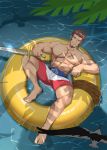  1boy abs absurdres armusizhuang bara bare_chest bird blue_eyes brown_hair chest chest_scar facial_hair fate/grand_order fate_(series) full_body goatee highres innertube looking_at_viewer male_focus male_swimwear muscle napoleon_bonaparte_(fate/grand_order) nipples pectorals pool scar short_hair sideburns simple_background smile smirk solo spread_legs swim_trunks swimsuit swimwear sword teeth thick_thighs thighs weapon 