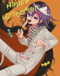  1boy bangs blood blood_on_face bloody_clothes candy cape checkered checkered_neckwear checkered_scarf danganronpa food hair_between_eyes happy_halloween highres holding holding_candy holding_food holding_lollipop lollipop long_sleeves male_focus new_danganronpa_v3 open_mouth orange_background ouma_kokichi purple_eyes purple_hair renshu_usodayo scarf simple_background solo straitjacket tongue triangular_headpiece 