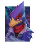  avian bandanna beak bird blue_body blue_eyes blue_feathers clothing crossed_arms falco_lombardi feathers firequill galaxy half-closed_eyes jacket kerchief male narrowed_eyes nintendo red_body red_feathers smile star_fox topwear video_games 