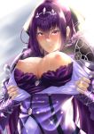  1girl absurdres backlighting bangs blush breasts breasts_outside closed_mouth dress dress_pull fate/grand_order fate_(series) fur-trimmed_dress fur_trim hair_between_eyes hair_ribbon highres large_breasts long_sleeves looking_at_viewer nipples ponytail purple_dress purple_hair red_eyes ribbon ryougi_ayato scathach_(fate)_(all) scathach_skadi_(fate/grand_order) sparkle tiara 