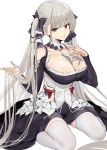  1girl absurdres azur_lane bangs bare_shoulders between_breasts blush breasts cleavage dress formidable_(azur_lane) frilled_dress frills grey_hair highres huge_filesize jikatarou large_breasts long_hair looking_at_viewer red_eyes ribbon simple_background sitting thighhighs twintails two-tone_dress two-tone_ribbon very_long_hair wariza white_background white_legwear 