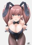  1girl animal_ears artist_name atlanta_(kantai_collection) black_legwear black_leotard blush breasts brown_hair bunny_ears cleavage closed_mouth collarbone cowboy_shot detached_collar earrings eyebrows_visible_through_hair fake_animal_ears grey_background grey_eyes highres jewelry kantai_collection large_breasts leotard long_hair pantyhose signature simple_background solo star_(symbol) star_earrings t2r two_side_up wrist_cuffs 
