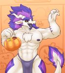  2020 4_fingers abs anthro blackontrack candy chest_fur clothing dessert dragon fingers food fruit fur furred_dragon halloween hi_res holidays loincloth looking_at_viewer male muscular muscular_anthro muscular_male nipples open_mouth open_smile pich(character) plant pumpkin purple_nipples smile solo tongue tongue_out white_body 