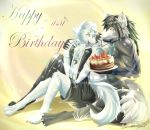  absurd_res anthro arctic_wolf birthday birthday_cake black_body black_fur black_hair cake canid canine canis clothed clothing dessert digital_media_(artwork) english_text food fur hair haku_hyogaki hakuhyogaki hi_res horn kai_oosaki male mammal open_mouth orange_eyes red_eyes romantic_couple scar simple_background smile solo text white_body white_fur wolf 