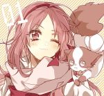  1_(number) 1girl bimi_(mgk) flower_ornament headband ichinomiya_eruna kao_ru05 mascot number_one one_eye_closed pink_hair scarf school_uniform short_hair striped striped_background 