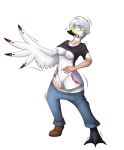  2018 5_fingers anatid anseriform anserinae avian beak bird bottomwear breasts clothing feathered_wings feathers fingers footwear genitals hair hi_res human mammal navel nipples pants pussy shirt shoes simple_background surprise swan tomek1000 topwear transformation underwear white_background white_hair wings 