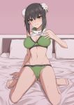  1girl bangs bare_shoulders bikini black_hair blush breasts bun_cover chainsaw_of_the_dead cleavage double_bun elfenlied22 fate/grand_order fate_(series) green_bikini green_eyes green_ribbon highres large_breasts legs looking_at_viewer navel qin_liangyu_(fate) ribbon sidelocks smile swimsuit thighs 
